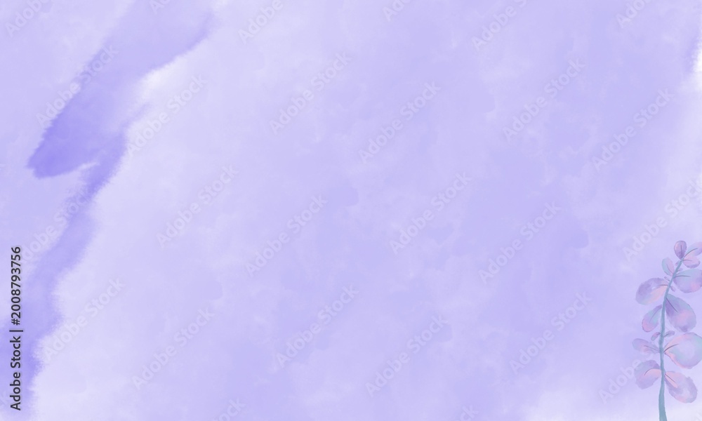 Fototapeta premium Minimal pastel purple watercolor background with a small plant illustration in the bottom corner