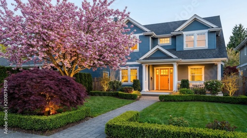Beautiful Suburban Home with Blooming Cherry Tree and Lush Landscaping.