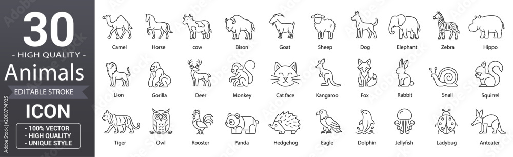 Fototapeta premium Animal line icon set. Editable stroke minimal vector outline icons for horse, cow, dog, monkey, wildlife, pet and domestic animals collection for ui, app, web and graphic design
