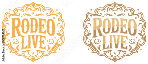 Foto Rodeo label vector design featuring belt buckle style with old west cowboy engra