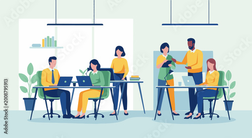 Diverse team collaborating and working in a modern office setting