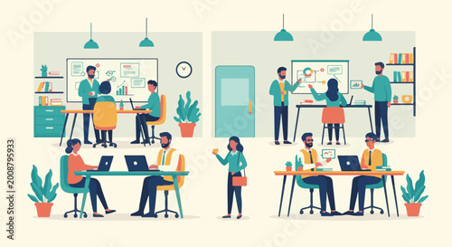 Diverse team collaborating and working in a modern office space with presentations