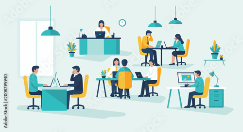 Diverse team collaborating and working on computers in a modern office environment