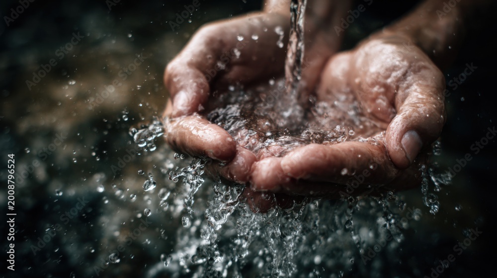 Fototapeta premium Cupped hands catching flowing clear water in a dark, natural setting. The water splashes and reflects light, highlighting the hands' texture and the water's purity