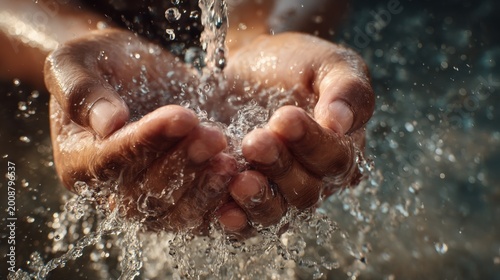 Cupped hands collecting clean, refreshing water, symbolizing purity and life. Water flows through the fingers, creating a dynamic and serene visual