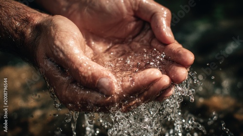 Hands cupped to catch clean, pure water flowing from a stream. This image evokes a sense of refreshment and connection with nature
