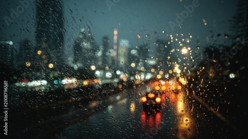 A rainy night in the city, viewed through a wet window. The blurred lights of cars and buildings create a moody, atmospheric scene