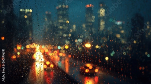 Rainy night city traffic, with blurry car lights and raindrops on glass. The city skyline is visible in the background, illuminated by glowing lights