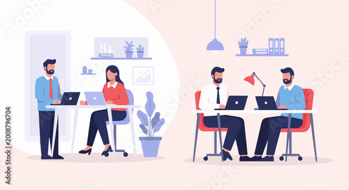 Diverse professionals collaborating digitally in modern office settings