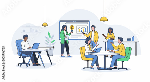 Diverse professionals collaborating in a bright, modern office space with a presentation board