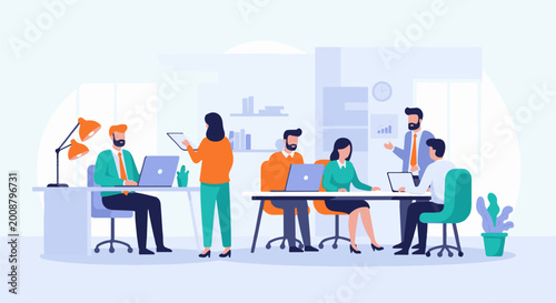 Diverse professionals collaborating in a modern, bright office setting