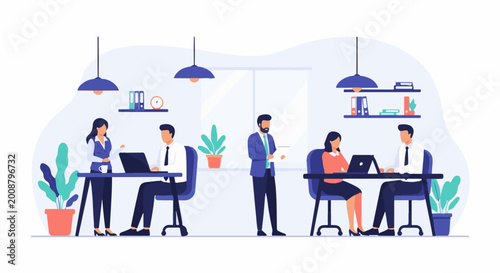 Diverse professionals collaborating in a modern, bright office environment with plants and contemporary furnishings