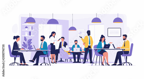 Diverse professionals collaborating in a modern, bright office space with laptops and plants