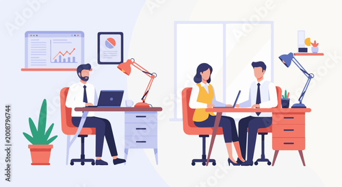Diverse professionals collaborating at their workstations, showcasing modern office environments