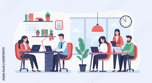 Diverse professionals collaborating in a modern, bright office workspace
