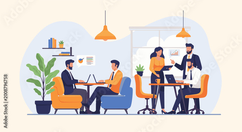 Diverse professionals collaborating in a modern, bright office space