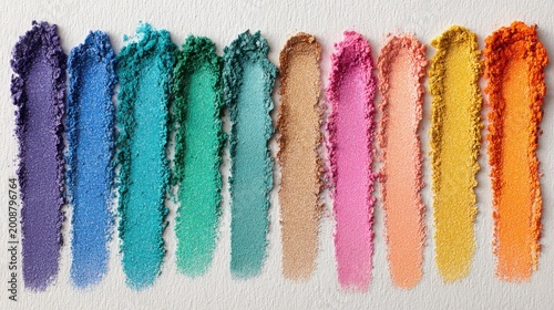 A vibrant collection of eyeshadow swatches in a rainbow of colors, showcasing a variety of shades from deep purple to bright orange. The swatches are neatly arranged in a line on a textured surface.