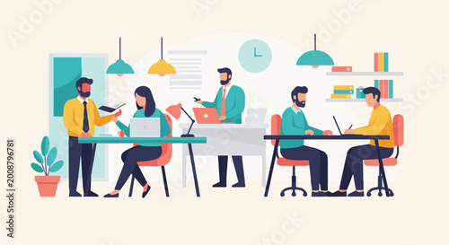 Diverse professionals collaborating in a modern, brightly lit office setting