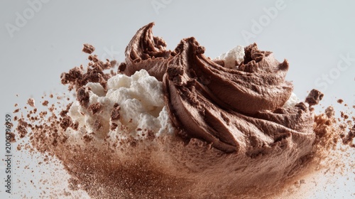 A decadent chocolate mousse dessert with swirls of whipped cream and dusted with cocoa powder. The dessert is captured in a dynamic freeze-frame, showing the powdered cocoa mid-air.