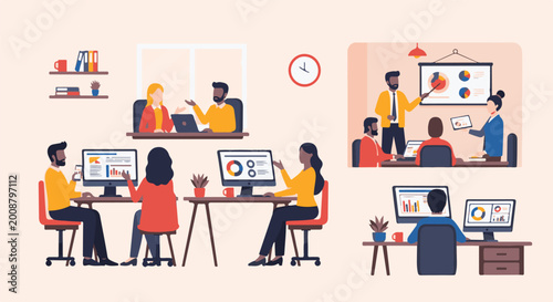 Diverse group of professionals collaborating and presenting data in a modern office setting