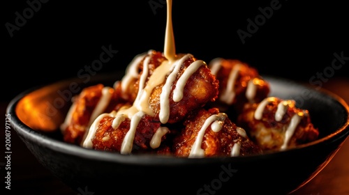 Delicious fried chicken wings drizzled with a creamy white sauce, served in a black bowl against a dark, atmospheric background