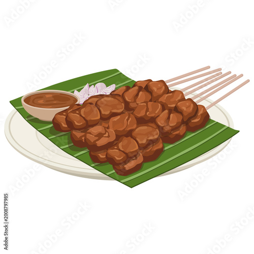 Foto Beef Satay Served on Plate with Banana Leaf and Peanut Sauce