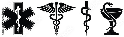 Quadro su tela Medical healthcare symbols with caduceus and rod of Asclepius illustrated in mod