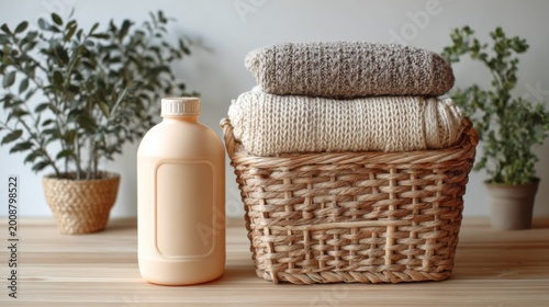 A neatly folded stack of knitted sweaters rests inside a woven basket next to a bottle of detergent, with potted plants in the background