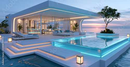 Luxury modern waterfront villa with infinity pool at sunset, panoramic wide banner of contemporary architecture with glass walls and elegant lighting, high-end real estate concept