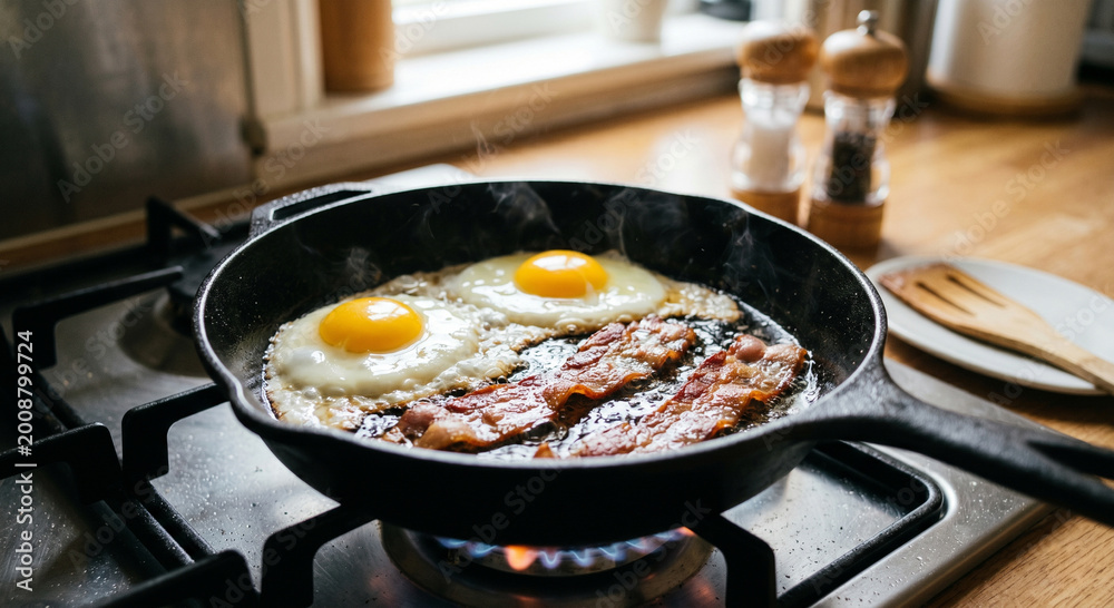 Fototapeta premium Eggs and bacon frying in pan macro