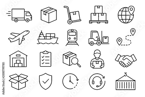 Logistics and Delivery Line Icons Set with Shipping Transport Warehouse and Supply Chain