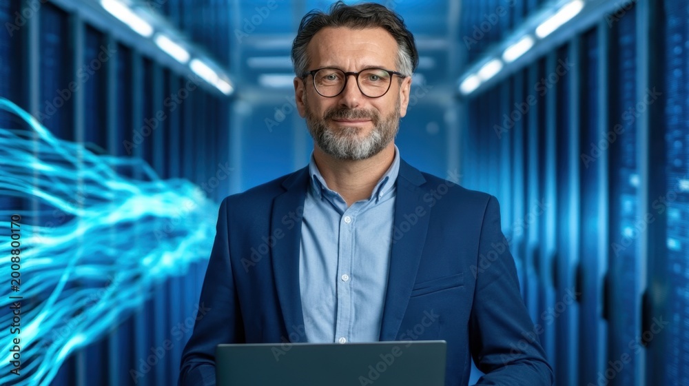 Fototapeta premium Professional Male in Blue Suit Standing with Laptop in Modern Data Center Surrounded by Technology and Connectivity Visuals