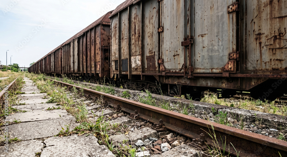 Fototapeta premium Abandoned rusty freight train track landscape