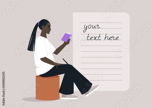 A young person sits calmly on a pouf, holding a personal diary while preparing to unleash their imagination, The atmosphere is serene as they connect with their thoughts and stories.