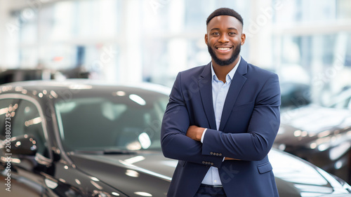 Confident African American car salesman in blue suit smiling at dealership. Automotive sales, professional service, dealership marketing, customer relationship