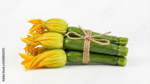 Freshly Harvested Zucchini Blossoms and Zucchinis Tied with Twine on White Background.