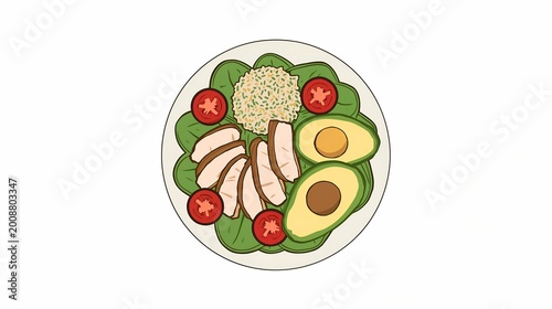 Healthy and nutritious salad on a plate, featuring chicken, avocado, tomato, and grains. This is a wholesome and balanced meal, perfect for a health-conscious lifestyle