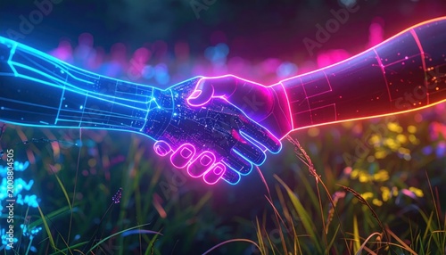 Futuristic Neon Handshake Symbolizing AI and Human Collaboration in Nature.