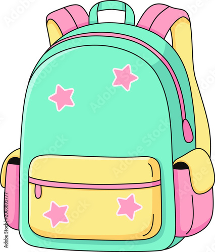 Cute Pastel School Backpack Illustration, Mint Green and Pink Rucksack with Star Pattern, Kids Bag Design Element Isolated 