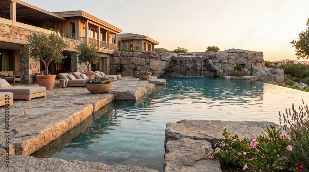 Obraz premium Clear still serene water in a private luxury villa pool blending with elegant stone design