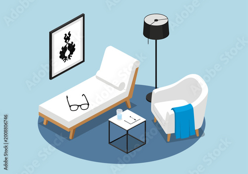 Obraz na plátně An isometric therapy office displays a white chaise lounge holding black spectac
