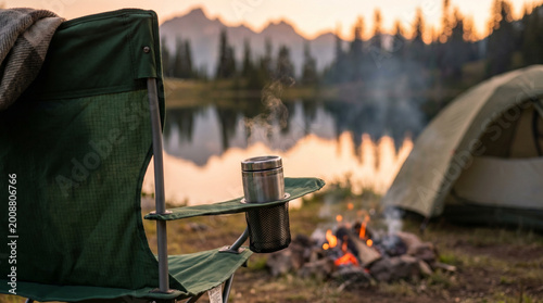 Camping chair with a steaming mug by campfire near lake at dusk  