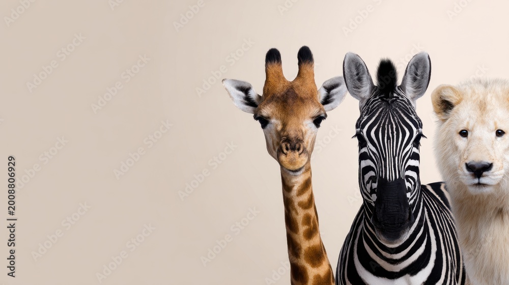 Fototapeta premium A whimsical trio featuring a giraffe, zebra, and lion against a light neutral background