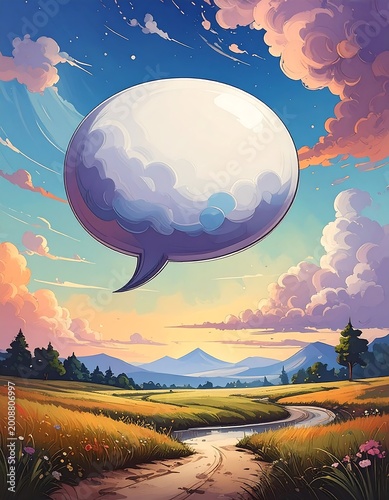 Surreal landscape features a sky-high speech bubble floating above a winding dirt path, green fields, and distant mountains