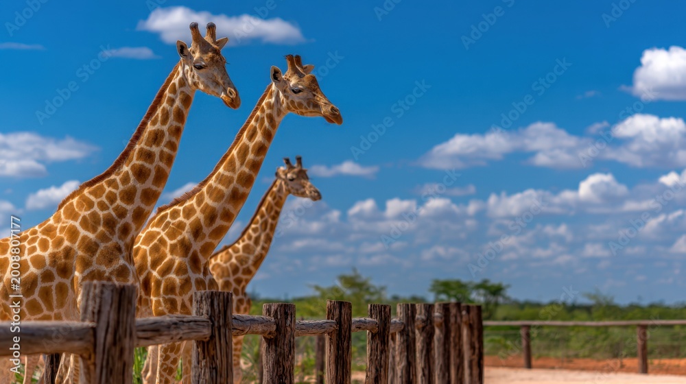 Fototapeta premium Three giraffes stand near a wooden fence under a bright blue sky with fluffy clouds