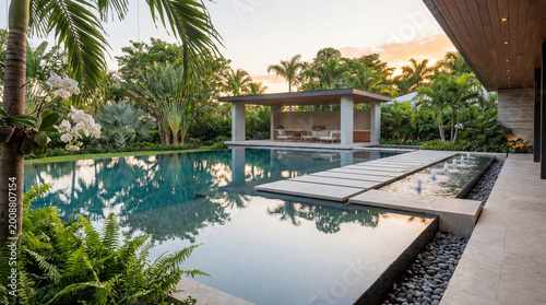 Tranquil modern pool with delicate water features smooth stone accents clear reflection luxury resort design