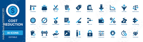 Quadro su tela Financial Cost Reduction Solid Icon Set graphing tight barrier, sharp cut, rapid decline, narrow funnel, deep financial balance, and heavy lock structures for true economic process flow efficiency