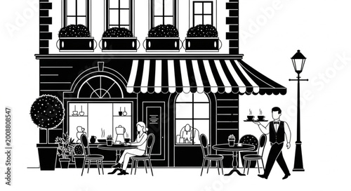Canvastavla Elegant Cafe Exterior with Outdoor Seating and Vintage Street Lamp