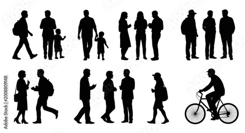Silhouettes of People Walking Standing and Cycling.
