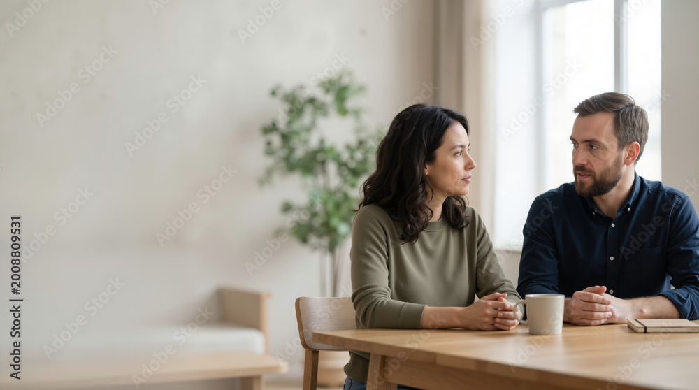 Obraz premium Couple having a serious conversation at home. Man and woman discussing relationship issues and finding a resolution. Domestic life concept